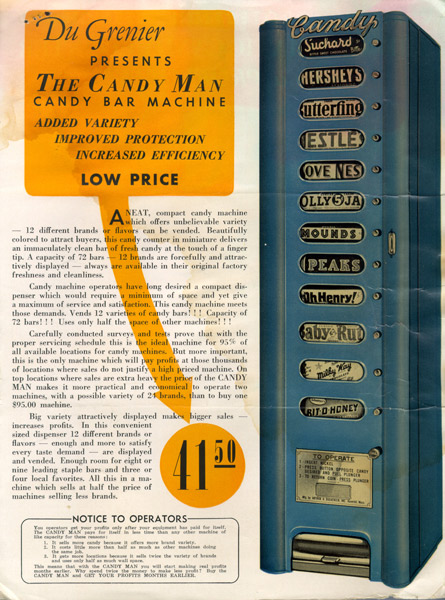 Одни из первых аппаратов по продаже конфет и шоколада - DuGrenier Candy Man Candy Bar Machine